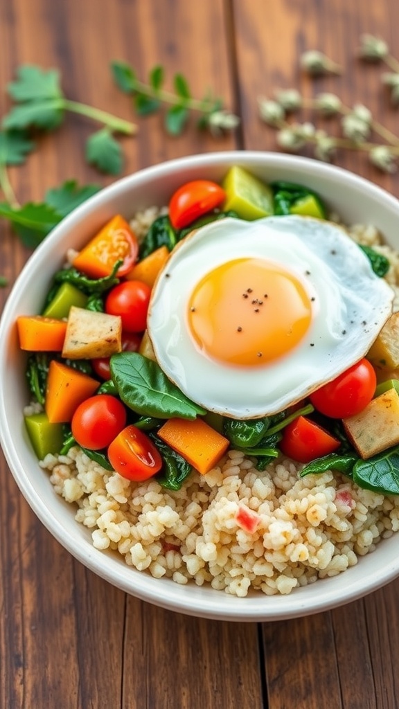 A nutritious quinoa bowl with sautéed vegetables and a sunny-side-up egg, garnished with herbs on a rustic table.